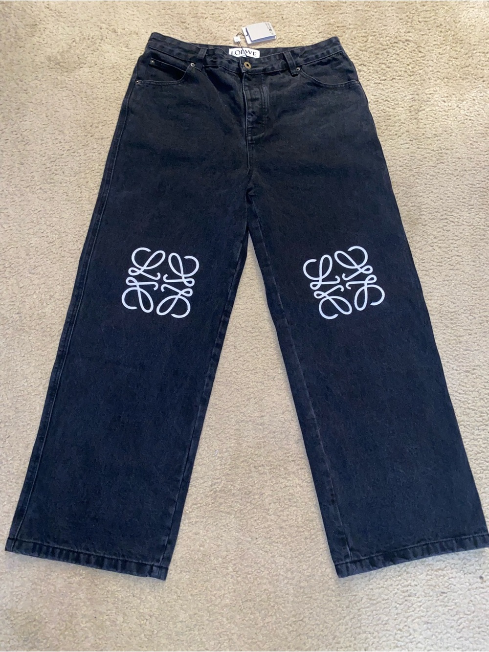 Loewe Black Wide-Leg Jeans with White Anagram Knee Logos